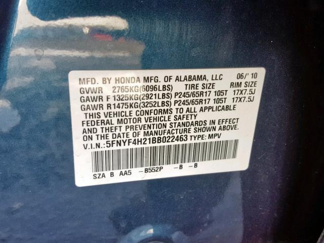 5FNYF4H21BB022463 - 2011 HONDA PILOT LX BLUE photo 10