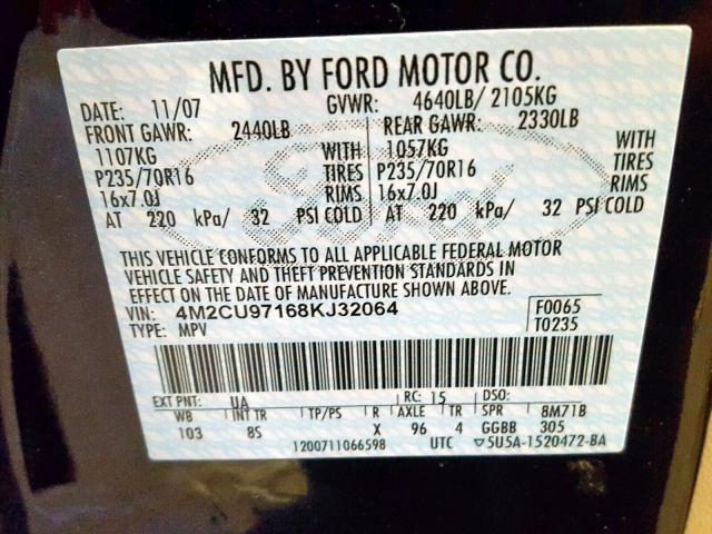 4M2CU97168KJ32064 - 2008 MERCURY MARINER PR BLACK photo 10