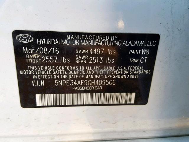 5NPE34AF9GH409506 - 2016 HYUNDAI SONATA SPO WHITE photo 10