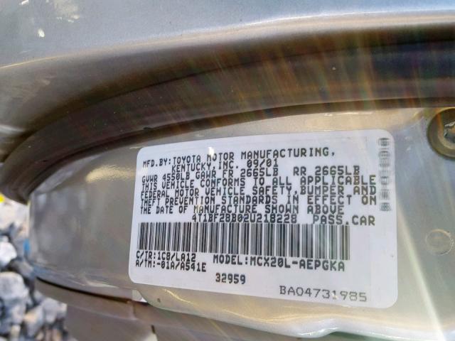 4T1BF28B02U218228 - 2002 TOYOTA AVALON XL SILVER photo 10