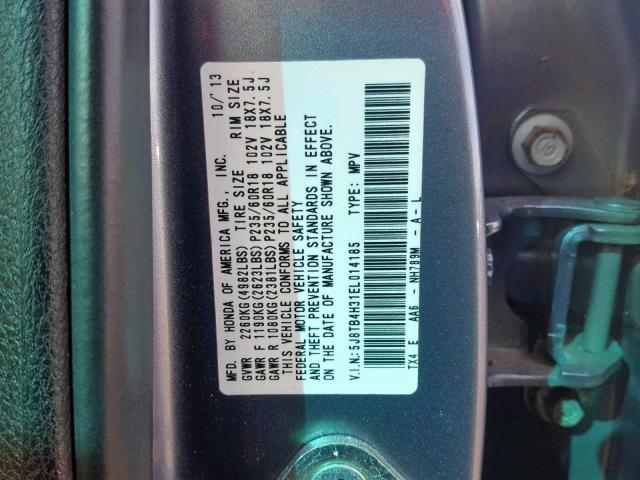 5J8TB4H31EL014185 - 2014 ACURA RDX GRAY photo 10