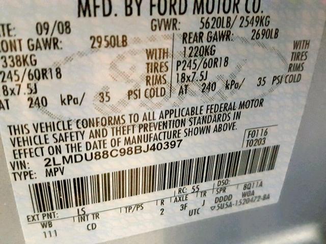 2LMDU88C98BJ40397 - 2008 LINCOLN MKX BLUE photo 10