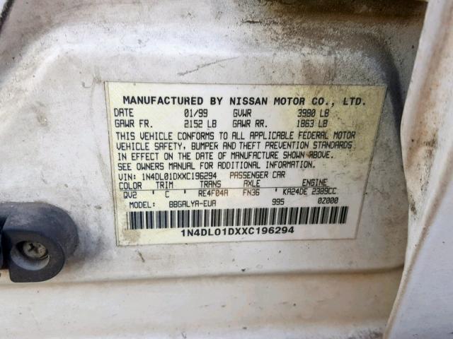 1N4DL01DXXC196294 - 1999 NISSAN ALTIMA XE WHITE photo 10