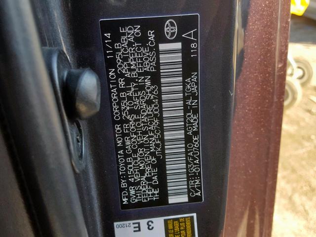 JTKJF5C79FJ004763 - 2015 TOYOTA SCION TC GRAY photo 10