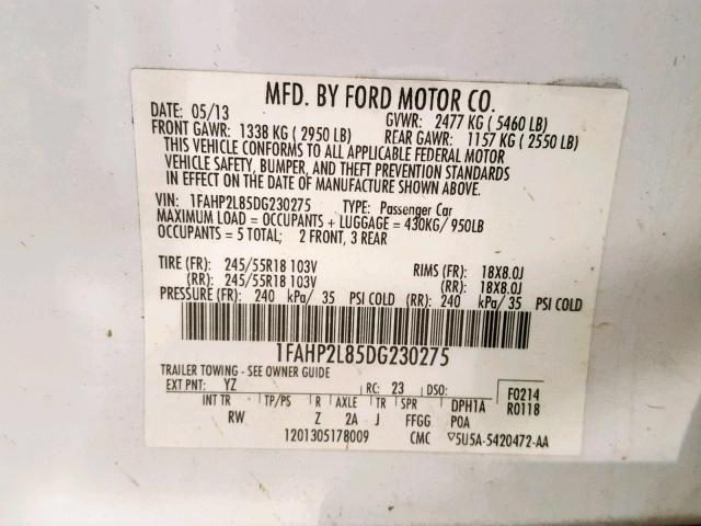 1FAHP2L85DG230275 - 2013 FORD TAURUS POL WHITE photo 10