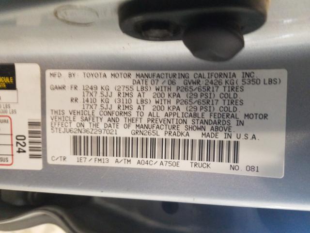 5TEJU62N36Z297021 - 2006 TOYOTA TACOMA DOUBLE CAB PRERUNNER  photo 10