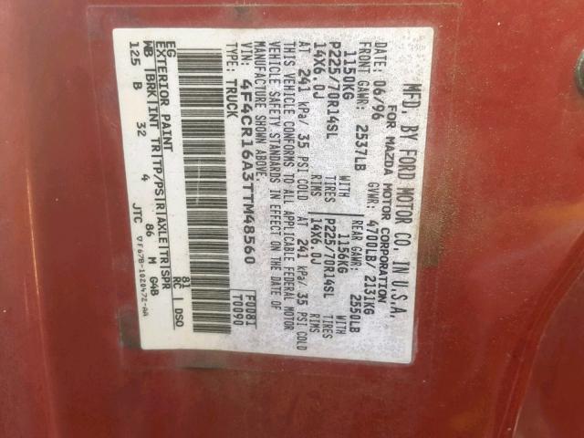 4F4CR16A3TTM48560 - 1996 MAZDA B2300 CAB RED photo 10