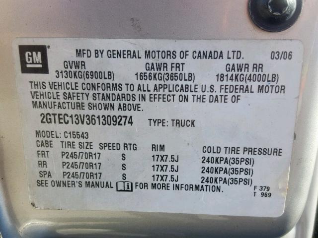 2GTEC13V361309274 - 2006 GMC NEW SIERRA GOLD photo 10