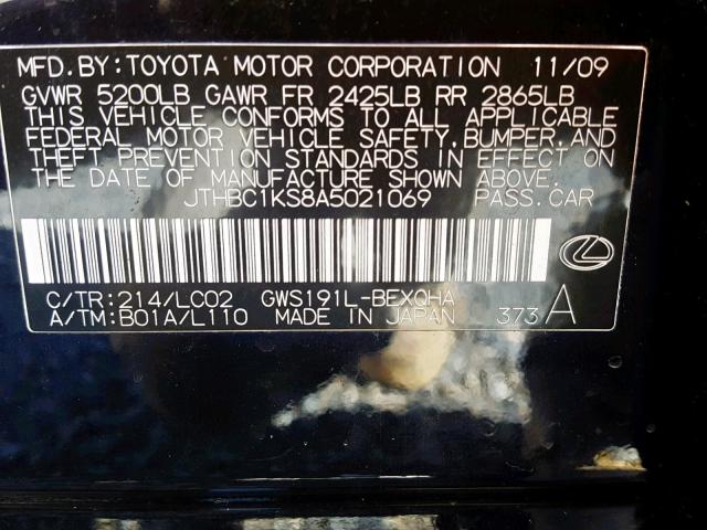 JTHBC1KS8A5021069 - 2010 LEXUS GS 450H BLUE photo 10