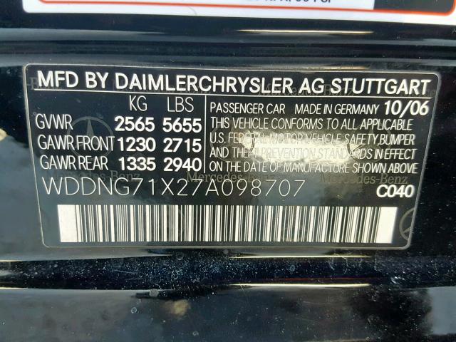 WDDNG71X27A098707 - 2007 MERCEDES-BENZ S 550 BLACK photo 10