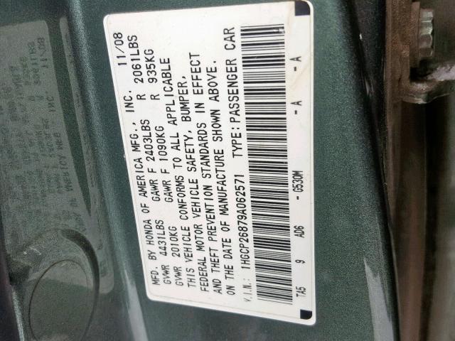 1HGCP26879A062571 - 2009 HONDA ACCORD EXL GREEN photo 10