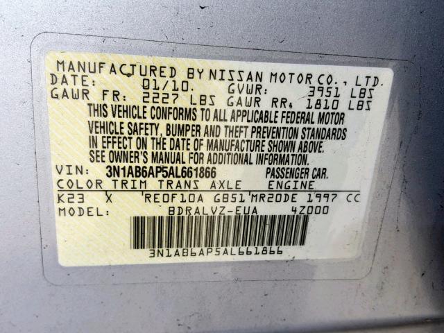 3N1AB6AP5AL661866 - 2010 NISSAN SENTRA 2.0 SILVER photo 10