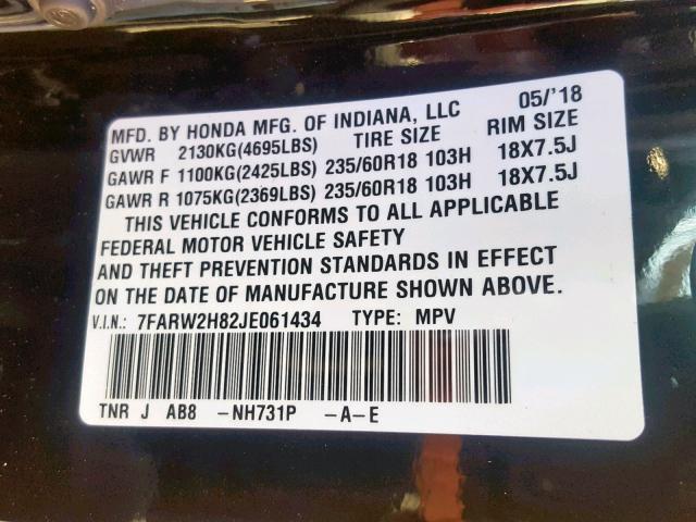 7FARW2H82JE061434 - 2018 HONDA CR-V EXL BLACK photo 10