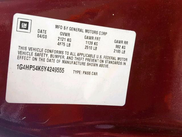 1G4HP54K6Y4249555 - 2000 BUICK LESABRE CU MAROON photo 10