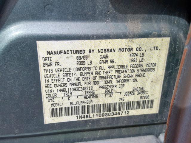 1N4BL11D93C346712 - 2003 NISSAN ALTIMA SE GREEN photo 10