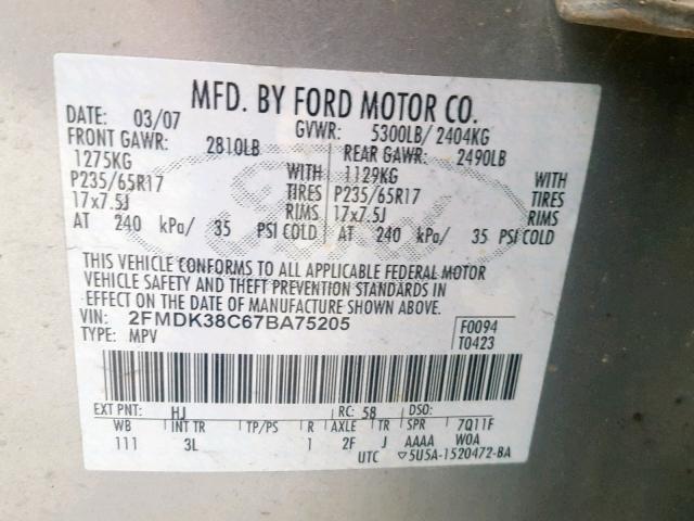 2FMDK38C67BA75205 - 2007 FORD EDGE SEL GRAY photo 10