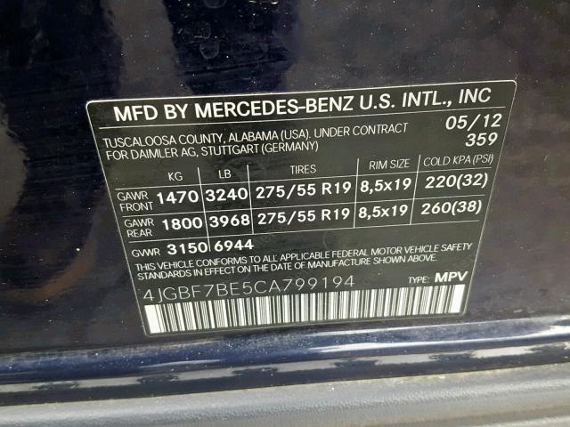 4JGBF7BE5CA799194 - 2012 MERCEDES-BENZ GL 450 4MA BLACK photo 10