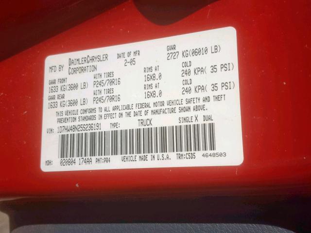 1D7HW48N25S236191 - 2005 DODGE DAKOTA QUA RED photo 10