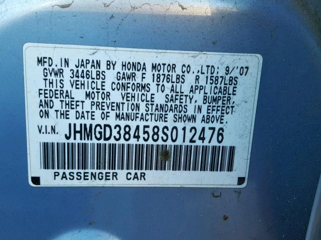 JHMGD38458S012476 - 2008 HONDA FIT BLUE photo 10