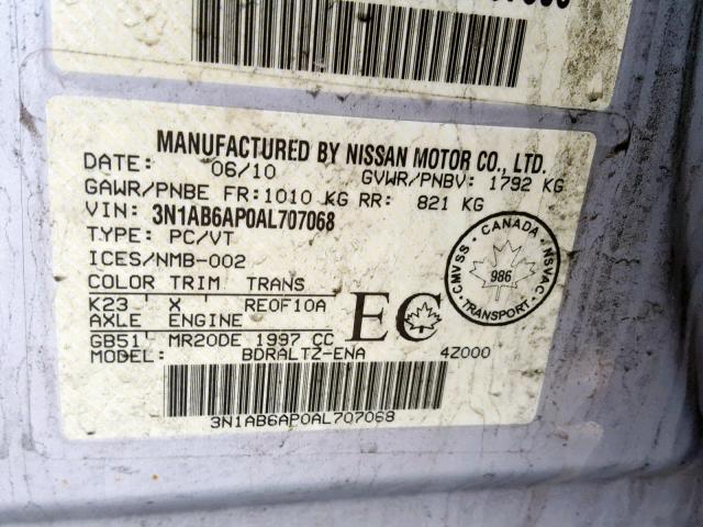 3N1AB6AP0AL707068 - 2010 NISSAN SENTRA 2.0 SILVER photo 10