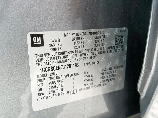 1GCGSCEN7J1201193 - 2018 CHEVROLET COLORADO L GRAY photo 10