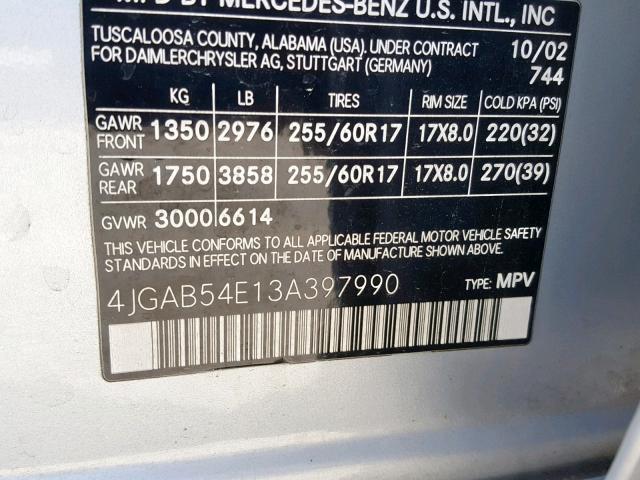 4JGAB54E13A397990 - 2003 MERCEDES-BENZ ML 320 SILVER photo 10