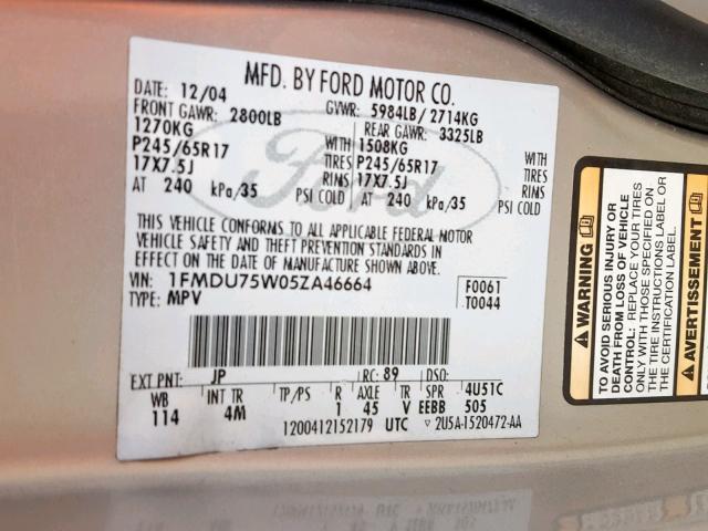 1FMDU75W05ZA46664 - 2005 FORD EXPLORER L SILVER photo 10