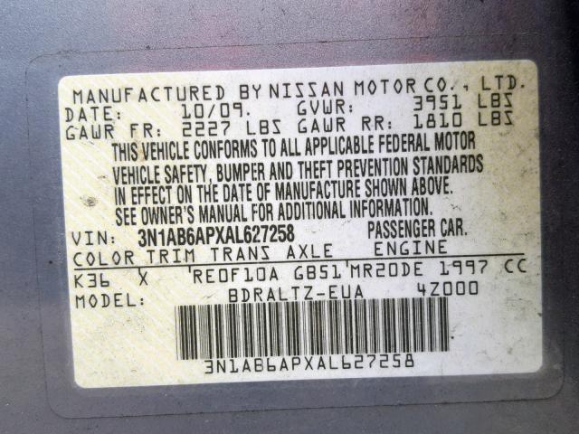 3N1AB6APXAL627258 - 2010 NISSAN SENTRA 2.0 GRAY photo 10