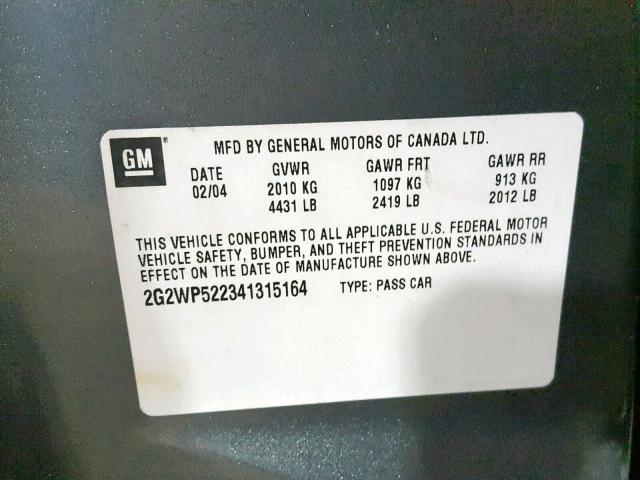 2G2WP522341315164 - 2004 PONTIAC GRAND PRIX GRAY photo 10