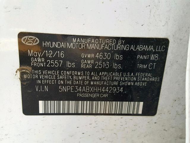 5NPE34ABXHH442934 - 2017 HYUNDAI SONATA SPO WHITE photo 10