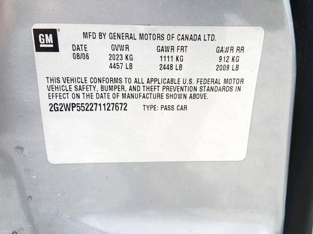 2G2WP552271127672 - 2007 PONTIAC GRAND PRIX GRAY photo 10