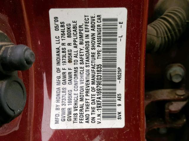 19XFA16979E031835 - 2009 HONDA CIVIC EXL BURGUNDY photo 10