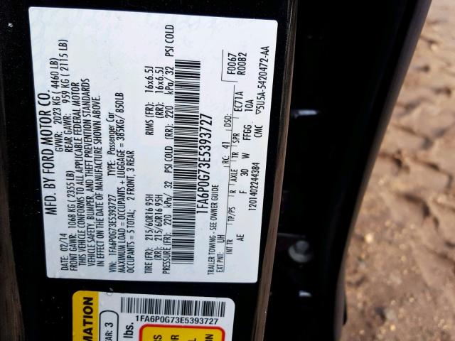 1FA6P0G73E5393727 - 2014 FORD FUSION S BLACK photo 10