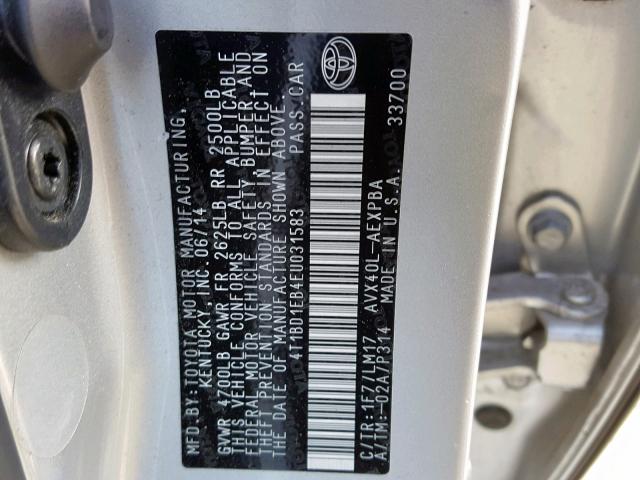 4T1BD1EB4EU031583 - 2014 TOYOTA AVALON HYB SILVER photo 10