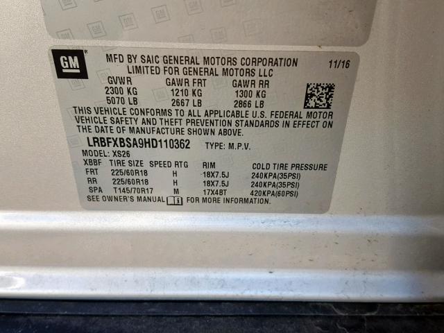 LRBFXBSA9HD110362 - 2017 BUICK ENVISION E SILVER photo 10