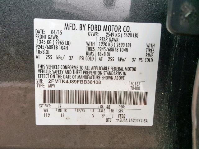 2FMTK4J89FBB38108 - 2015 FORD EDGE SEL GRAY photo 10