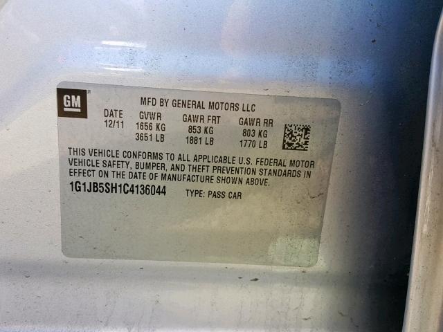 1G1JB5SH1C4136044 - 2012 CHEVROLET SONIC LS SILVER photo 10