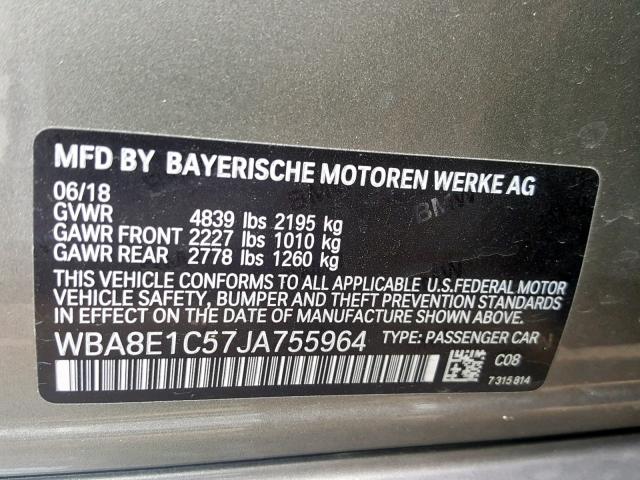 WBA8E1C57JA755964 - 2018 BMW 330E GRAY photo 10