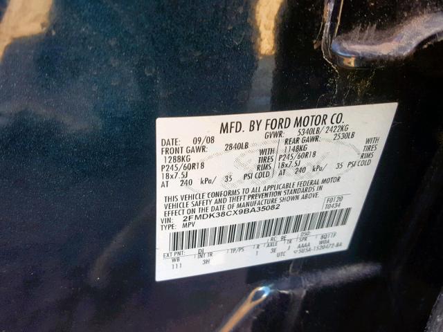 2FMDK38CX9BA35082 - 2009 FORD EDGE SEL BLUE photo 10