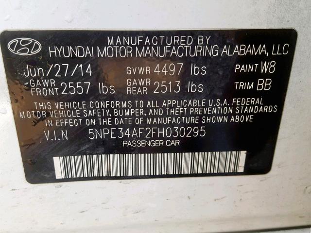 5NPE34AF2FH030295 - 2015 HYUNDAI SONATA SPO WHITE photo 10