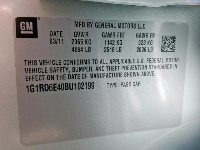 1G1RD6E40BU102199 - 2011 CHEVROLET VOLT SILVER photo 10