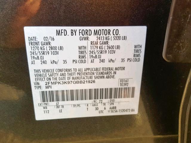 2FMPK3K97GBB21926 - 2016 FORD EDGE TITAN GRAY photo 10