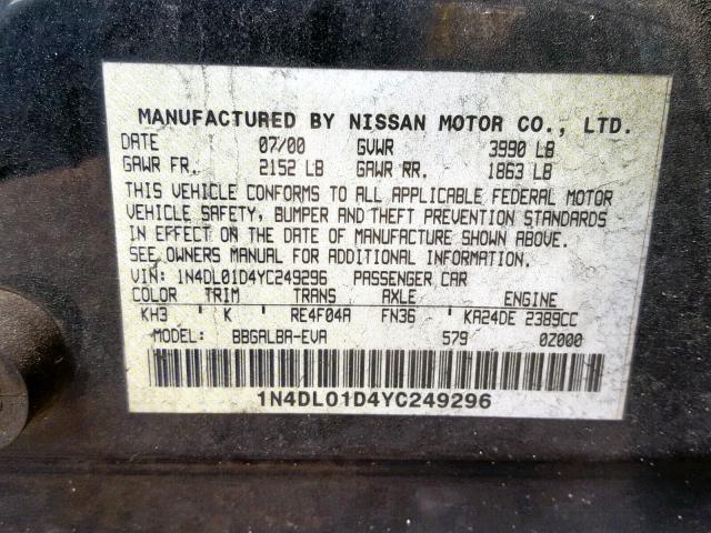 1N4DL01D4YC249296 - 2000 NISSAN ALTIMA XE BLACK photo 10