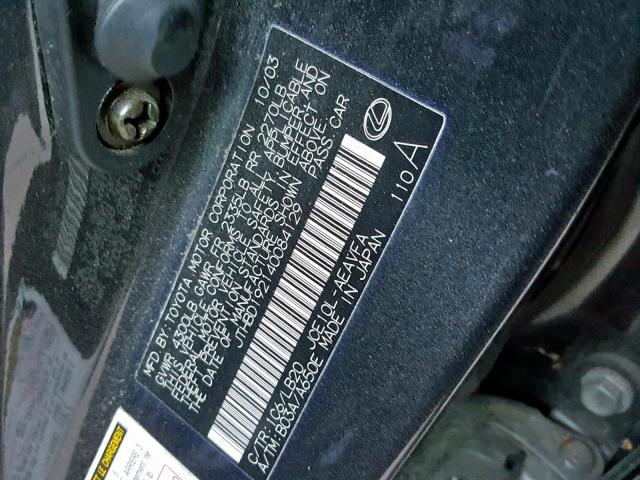 JTHBD192140084129 - 2004 LEXUS IS 300 CHARCOAL photo 10