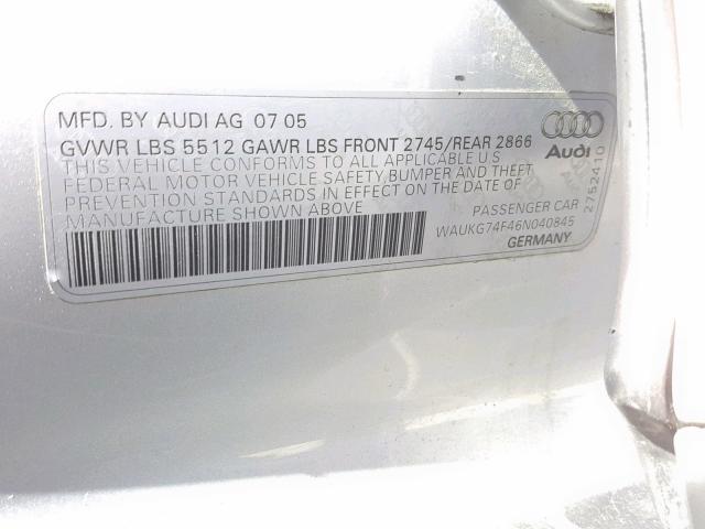 WAUKG74F46N040845 - 2006 AUDI A6 AVANT Q SILVER photo 10