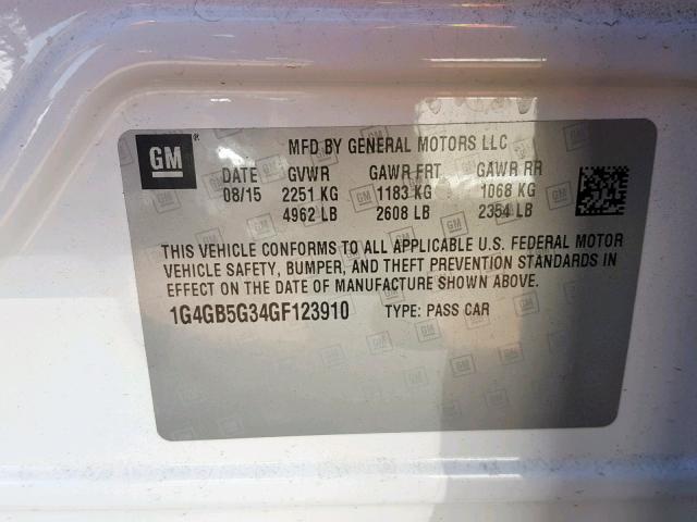 1G4GB5G34GF123910 - 2016 BUICK LACROSSE WHITE photo 10