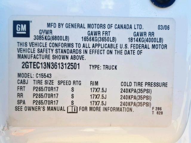 2GTEC13N361312501 - 2006 GMC NEW SIERRA WHITE photo 10