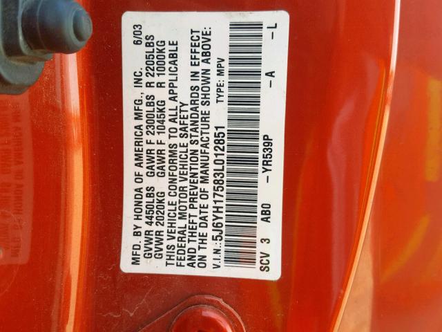 5J6YH17583L012851 - 2003 HONDA ELEMENT EX ORANGE photo 10