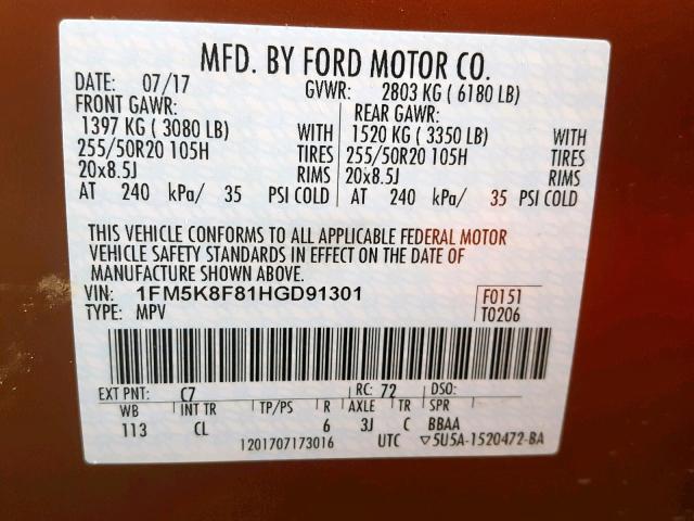 1FM5K8F81HGD91301 - 2017 FORD EXPLORER L BROWN photo 10