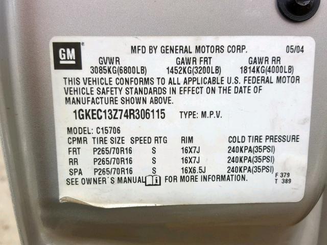 1GKEC13Z74R306115 - 2004 GMC YUKON GRAY photo 10